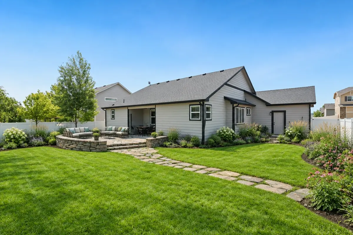 The same garden with a dry-laid stone terrace, seat wall, deep borders and an even lawn