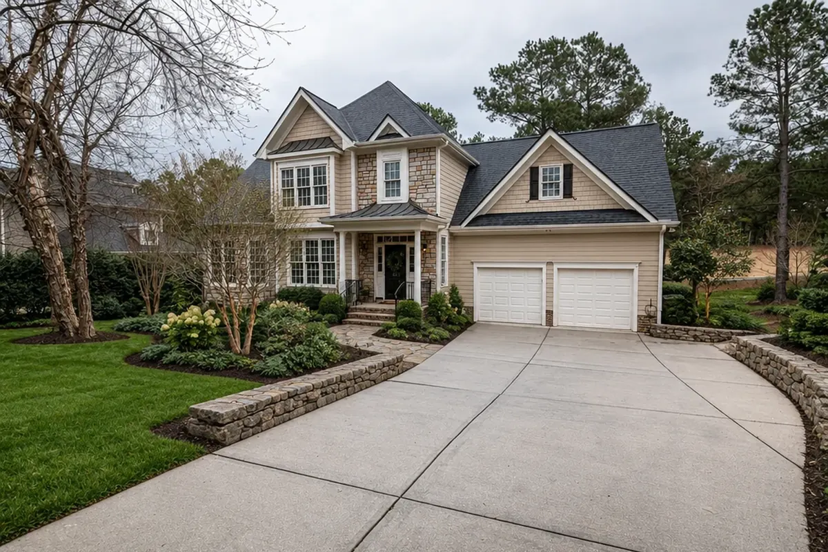 The same drive with a low dry-laid retaining wall, specimen trees and layered planting
