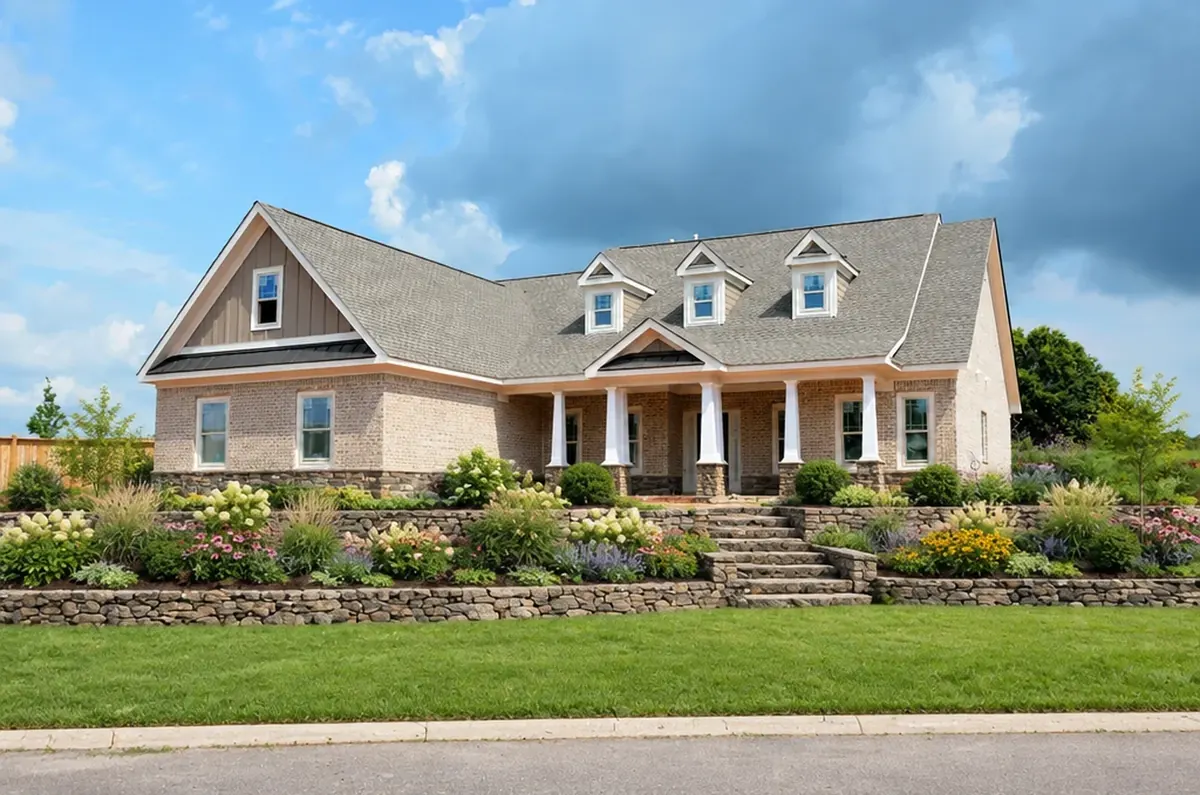 The same house with a dry-laid retaining wall, stone steps, deep borders and new lawn