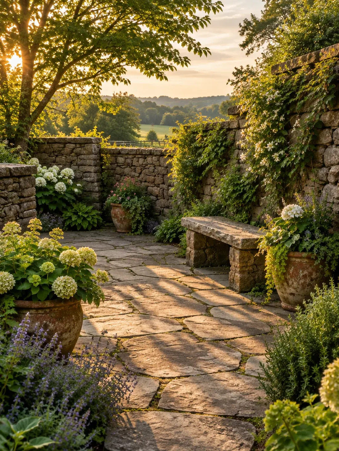 A flagstone courtyard enclosed by fieldstone walls with a stone bench and planted pots
