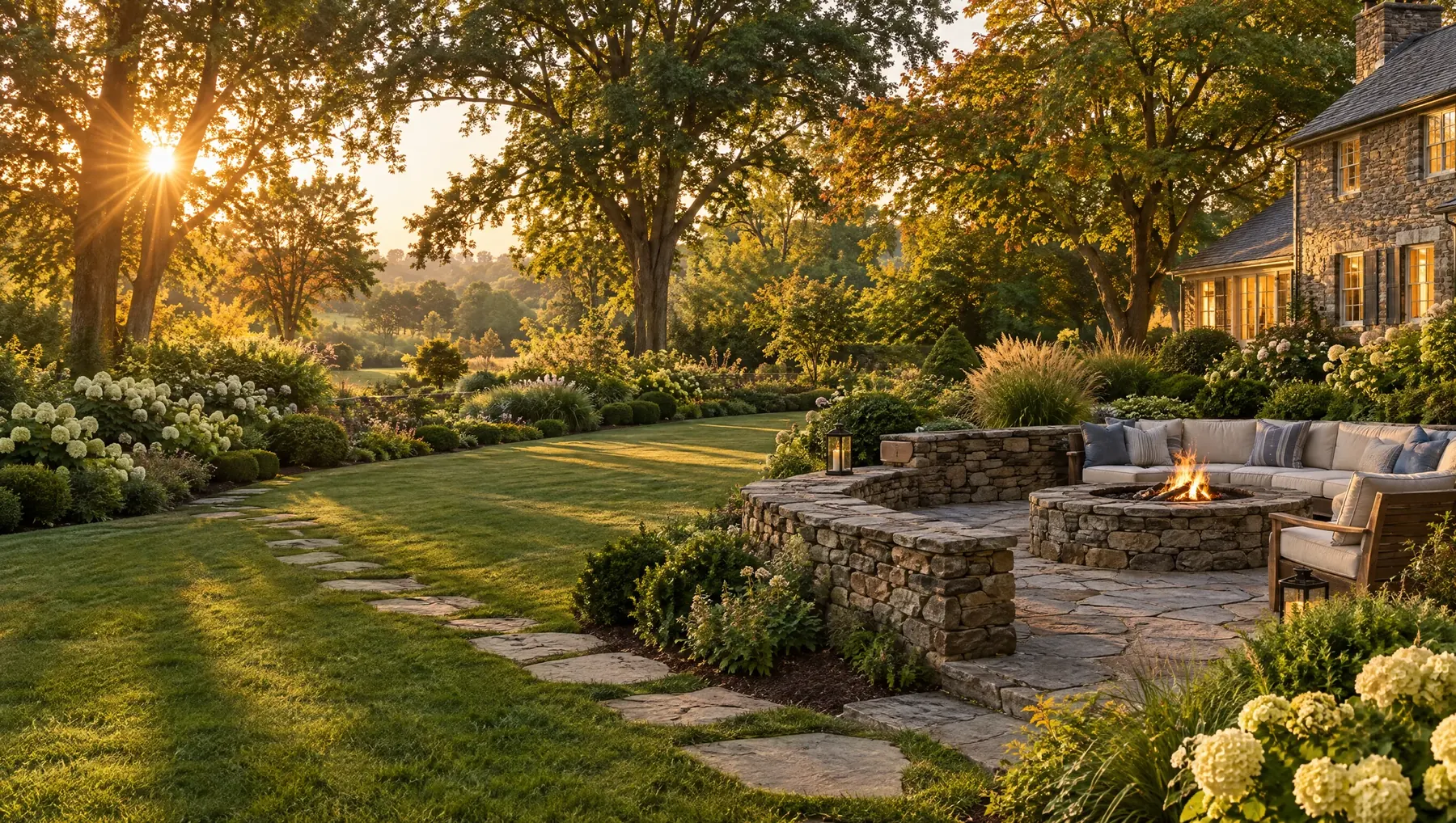 A colonial house behind a broad mown lawn and planted beds