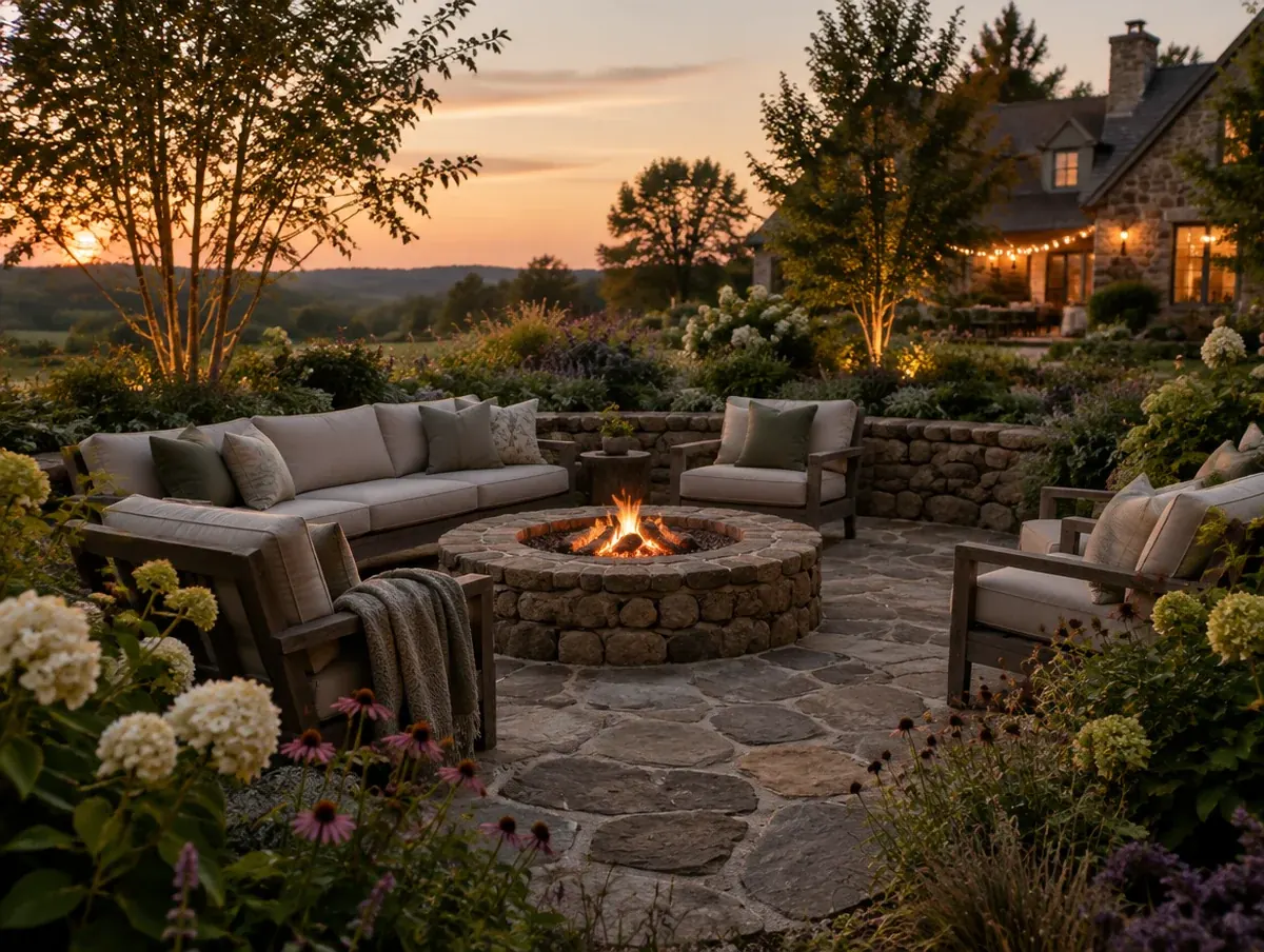 A fieldstone terrace with a lit fire pit and deep seating at dusk