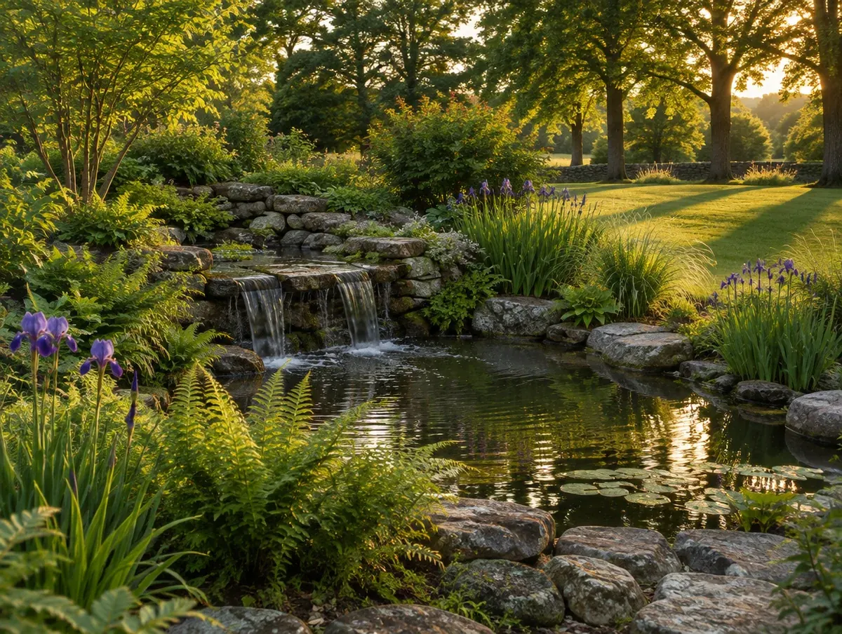 A stone-edged garden pond with a cascade beside a brick house