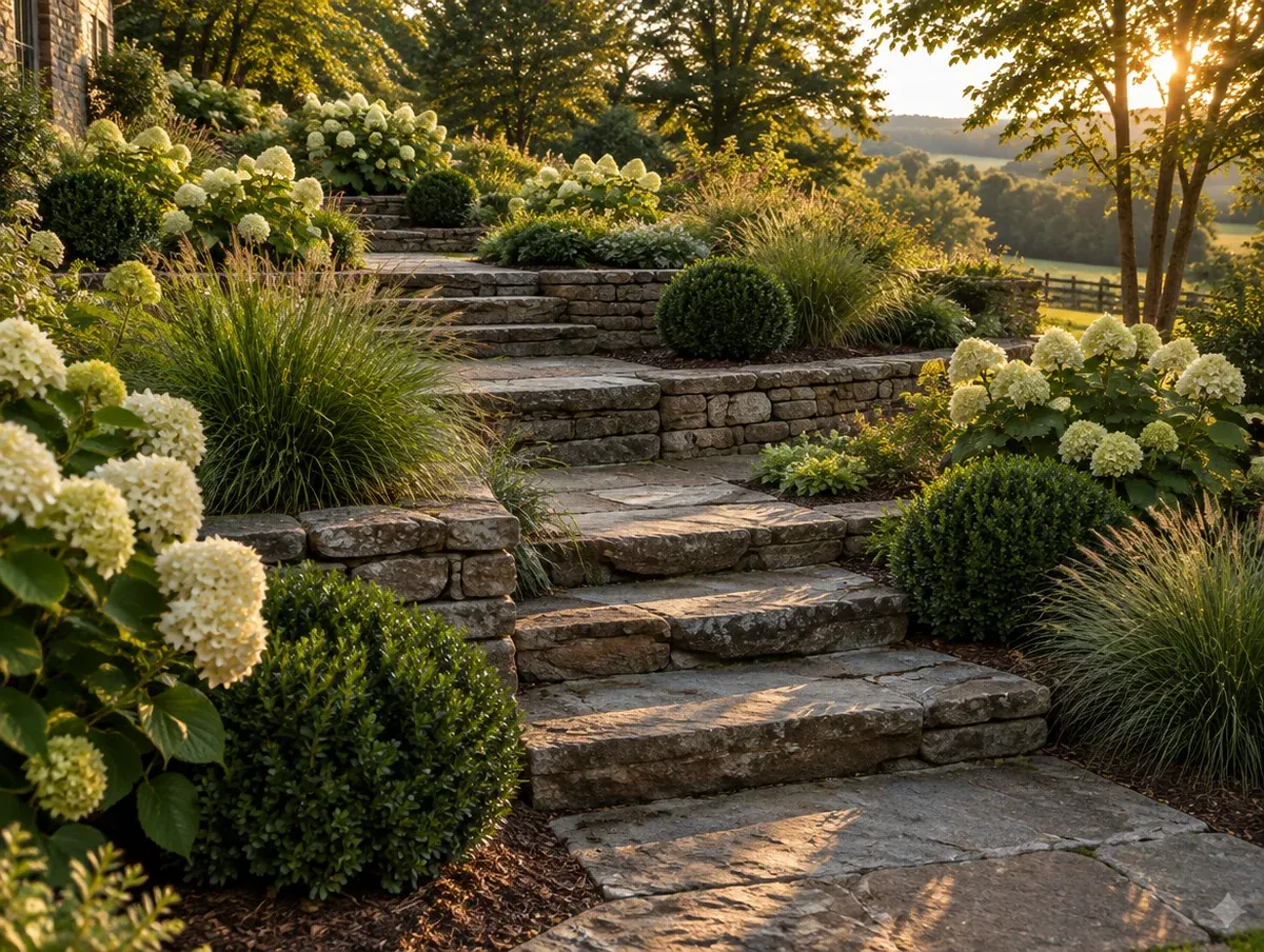 Broad fieldstone steps descending a planted slope in three terraces