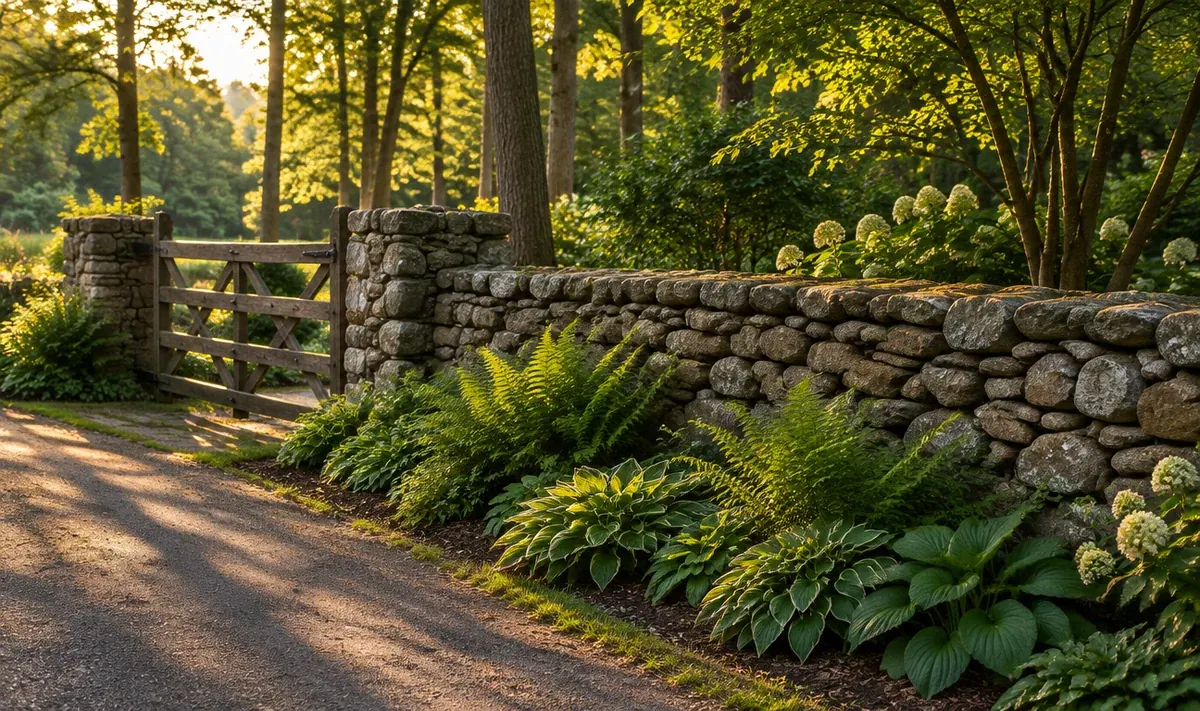 A dry-laid fieldstone wall beside a timber gate with ferns at its foot