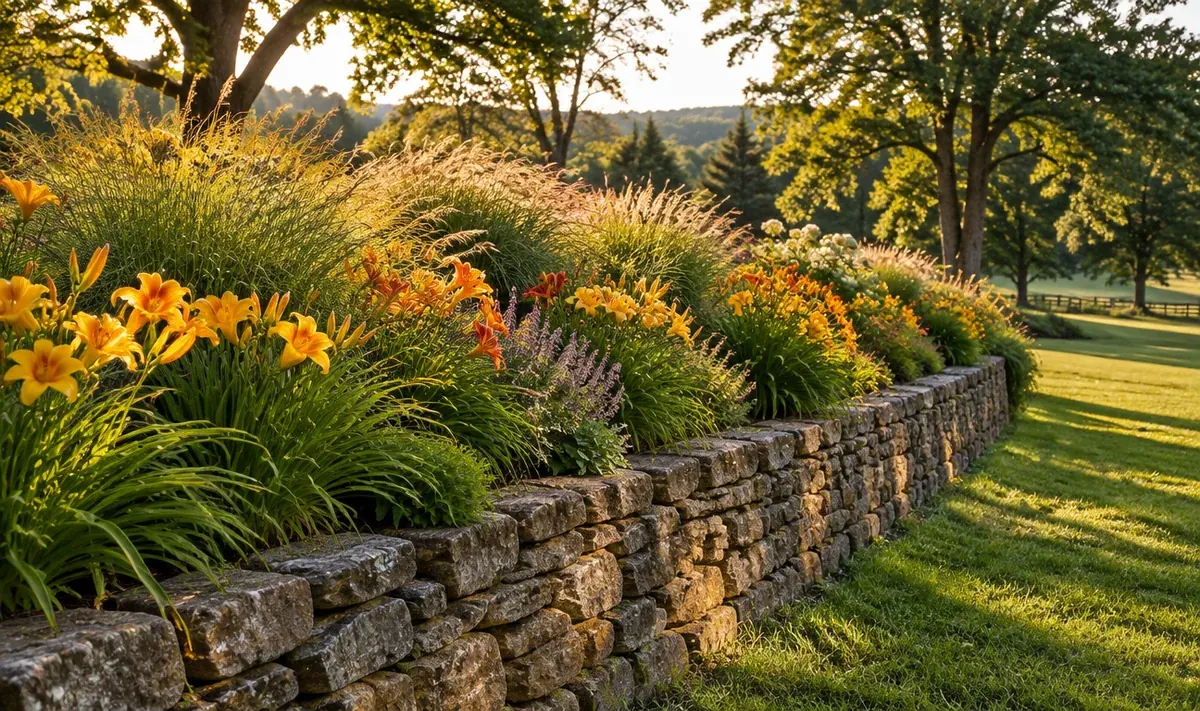 Daylilies and grasses in flower along the top of a stone retaining wall