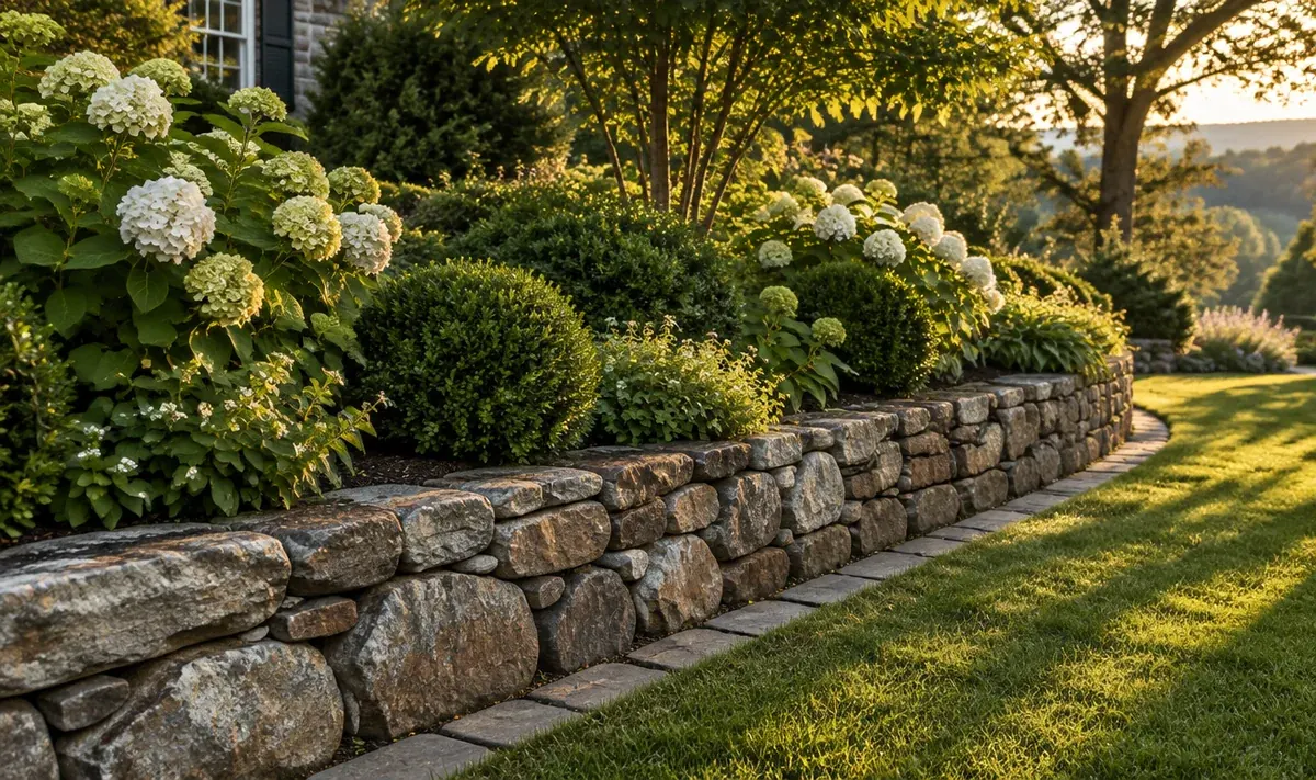 A low fieldstone retaining wall holding a planted bank beside a lawn