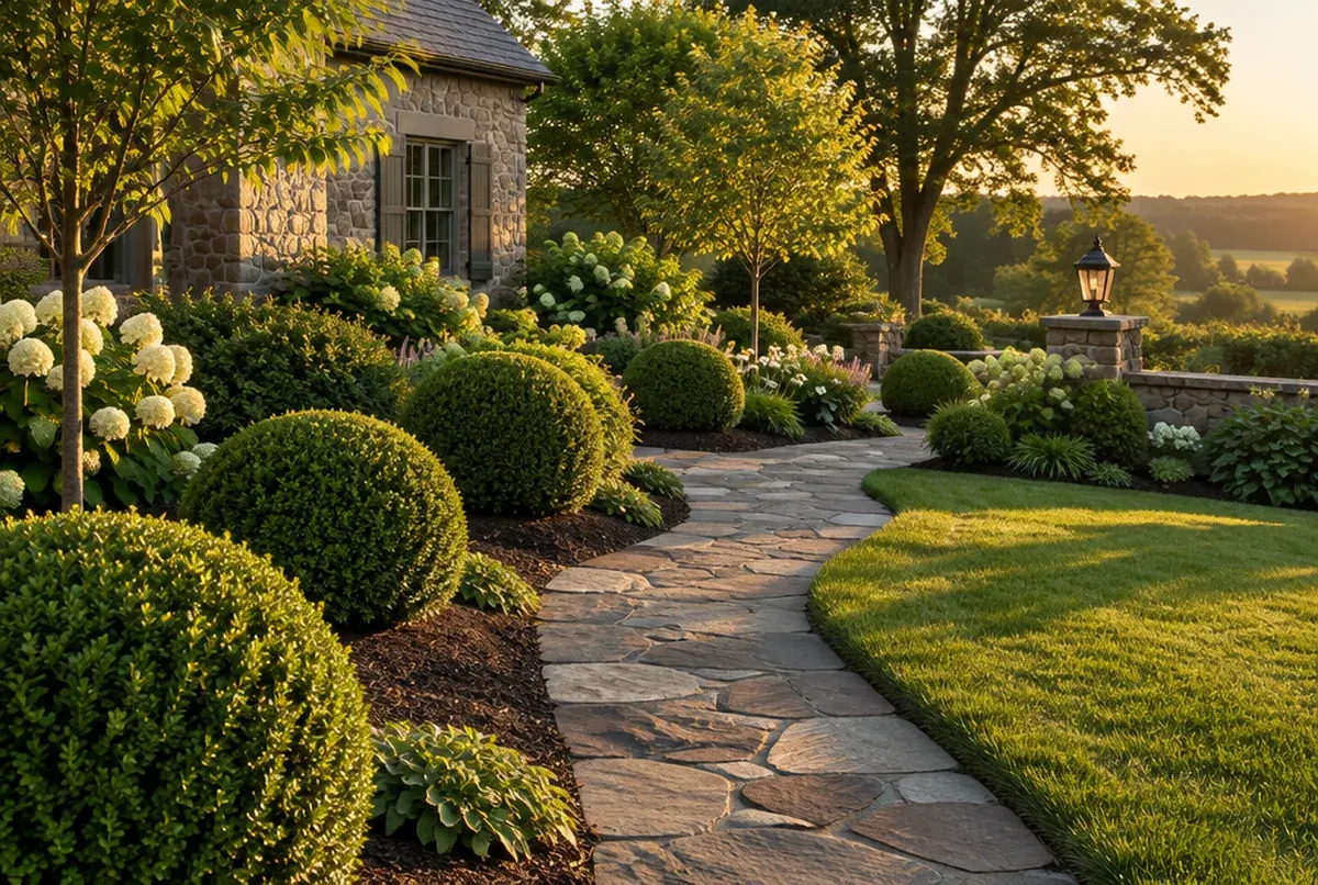 A gardener shaping a hedge with a trimmer