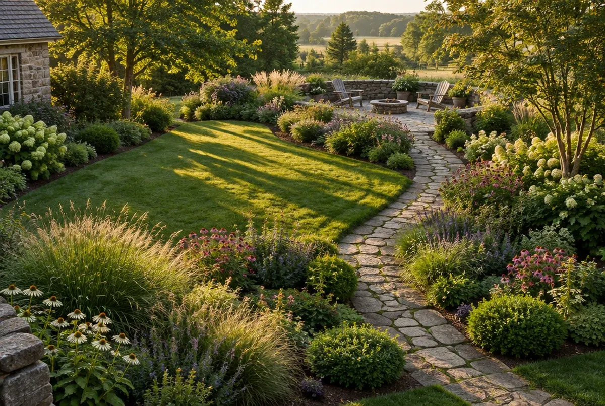 A gravel garden of ornamental grasses and agapanthus in full growth