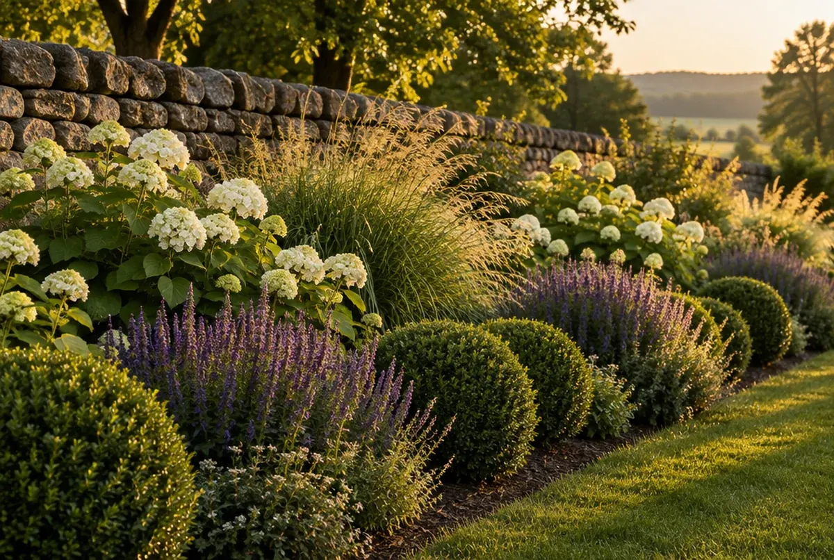 A cottage border in full summer growth beside a mown lawn