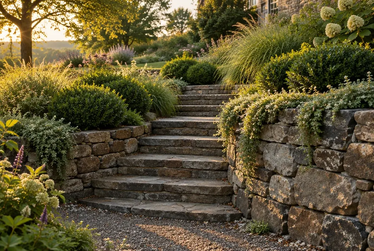 A dry-laid fieldstone terrace with broad steps rising into a planted Chester County garden