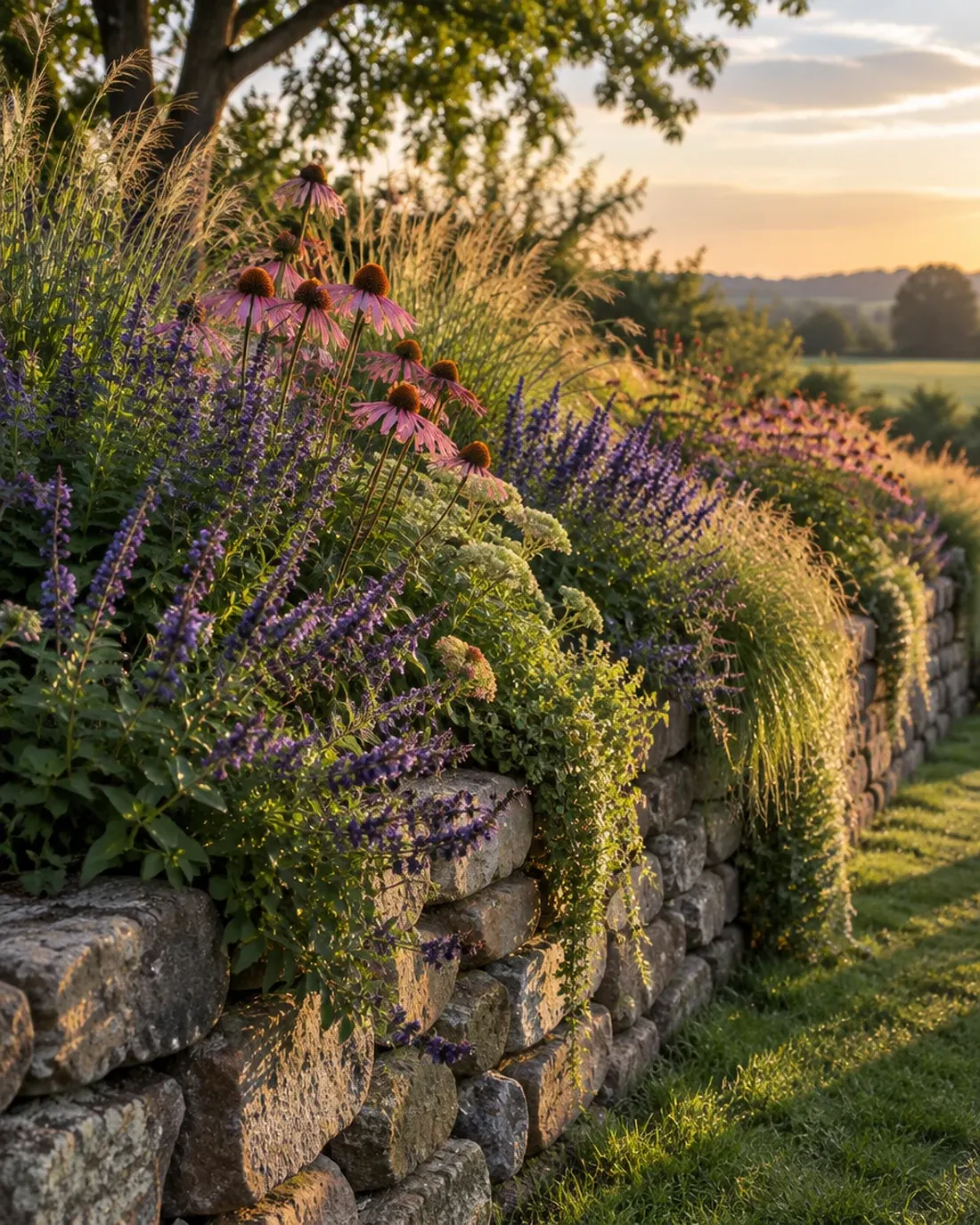 A flowering perennial border spilling over the top of a low stone wall