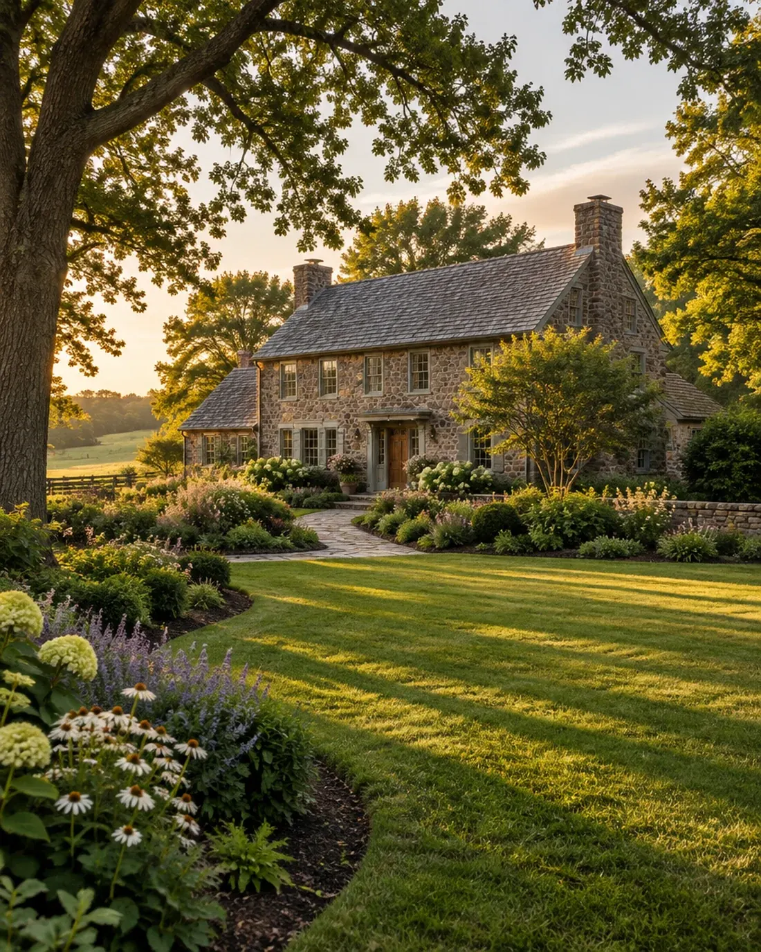 A stone farmhouse behind a broad lawn with deep curved planted borders