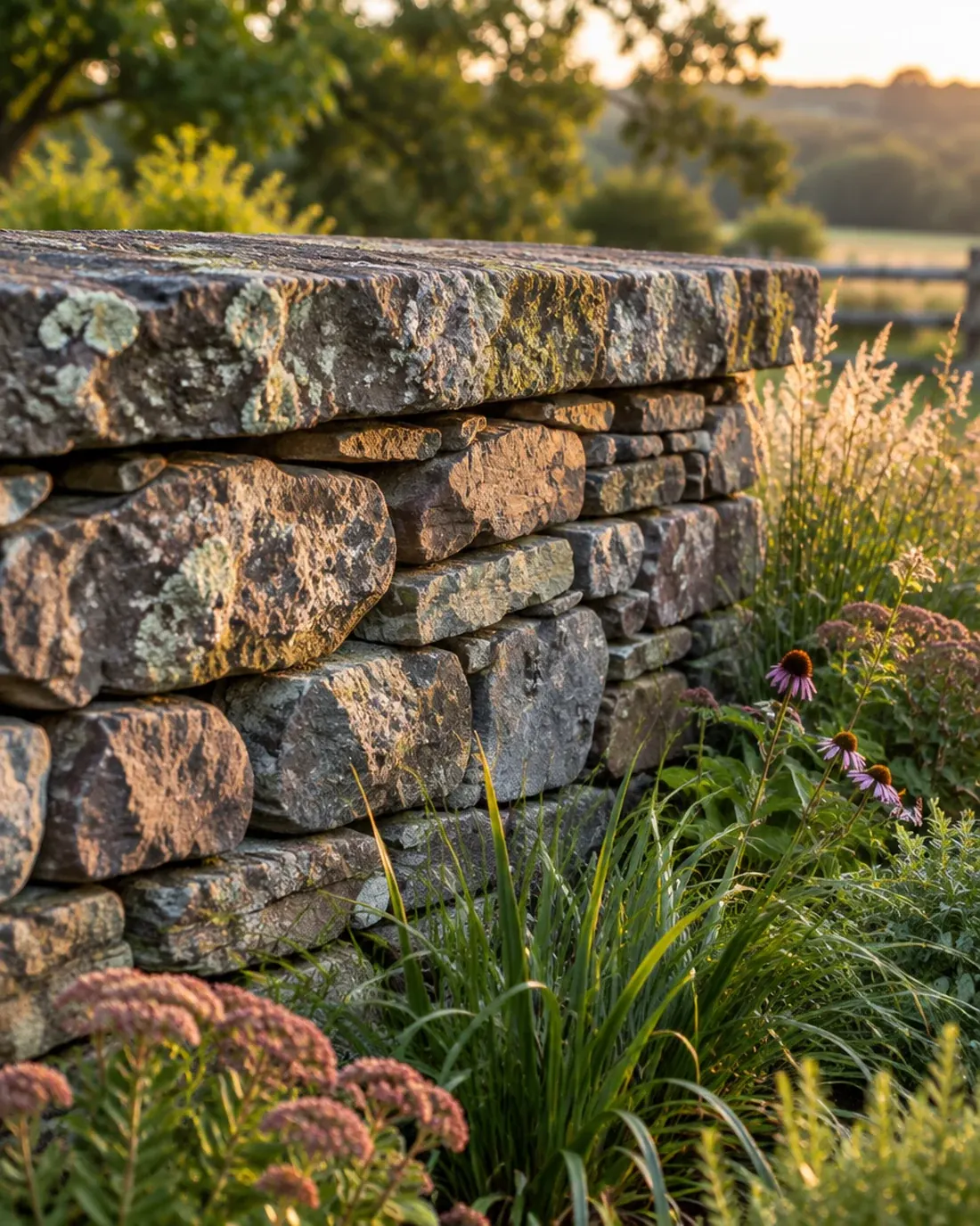 A lichened capstone set level on a tightly stacked mortar-free wall