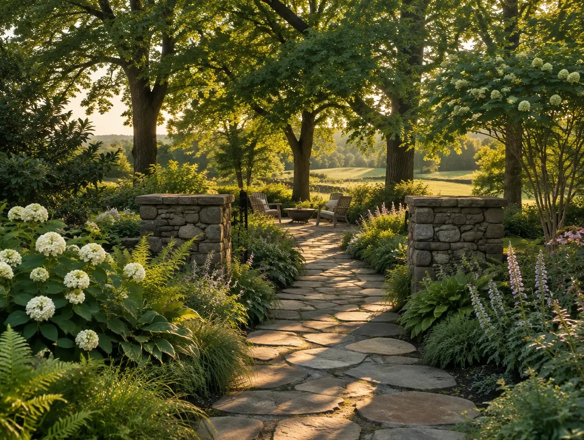 Stone pillars and a paved path leading into a mature planted garden